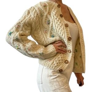 Vintage Italian Wool Cardigan With Floral Embroidery Yellow Size Medium